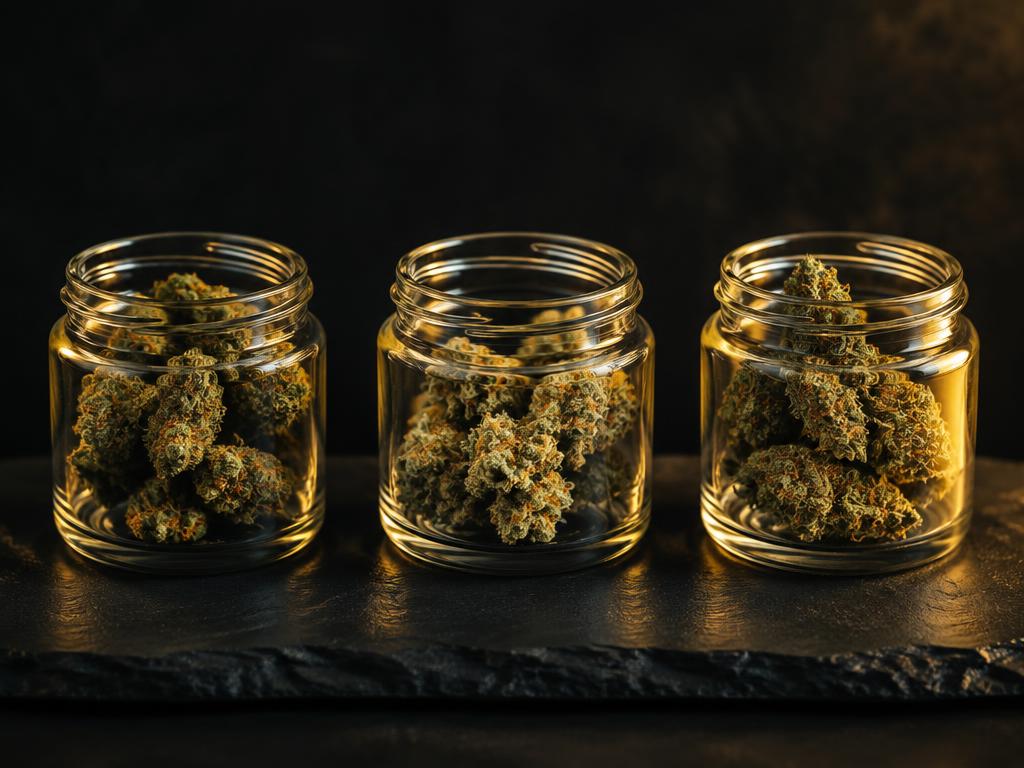 Indica, sativa and hybrid cannabis flower side by side