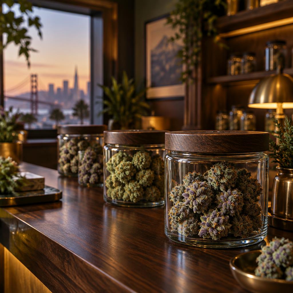 Glass jars of calming cannabis flower on a wooden dispensary counter