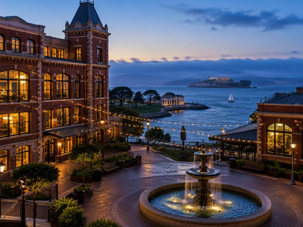 Ghirardelli Square in San Francisco at dusk, with its historic brick buildings, fountain, and string lights overlooking Aquatic Park and Alcatraz