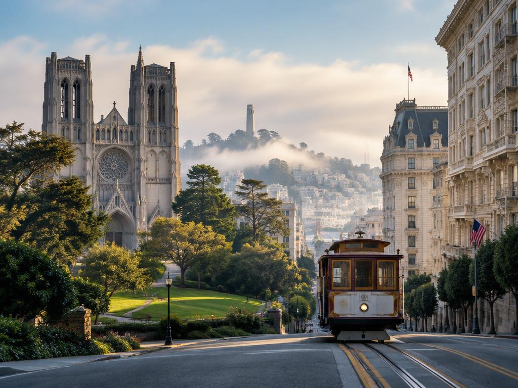 A cable car cresting Nob Hill in San Francisco with Grace Cathedral and Huntington Park beside the tracks and fog lifting over the city