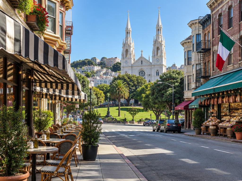 Columbus Avenue in North Beach, San Francisco, with sidewalk cafe tables, an Italian deli, and the twin spires of Saints Peter and Paul Church over Washington Square